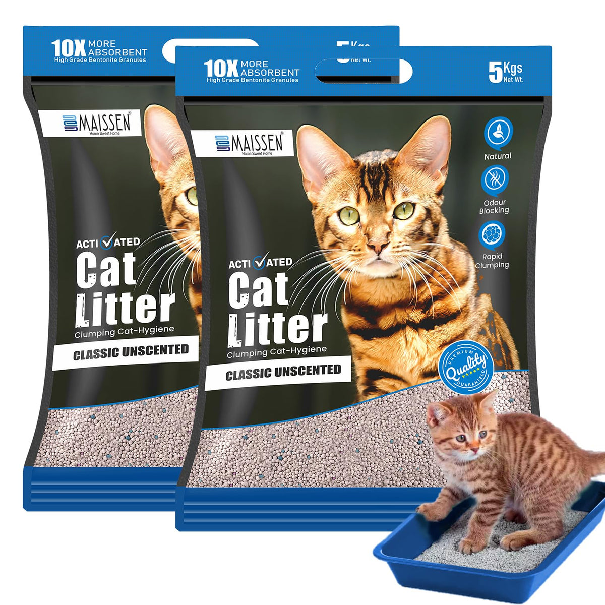 Maissen Activated Cat Litter- 5Kg | Scoopable Bentonite Clay Cat Litter | Clumping Natural & Unscented Litter | 99.9% Dust Free | Odour Control | Pack of 2