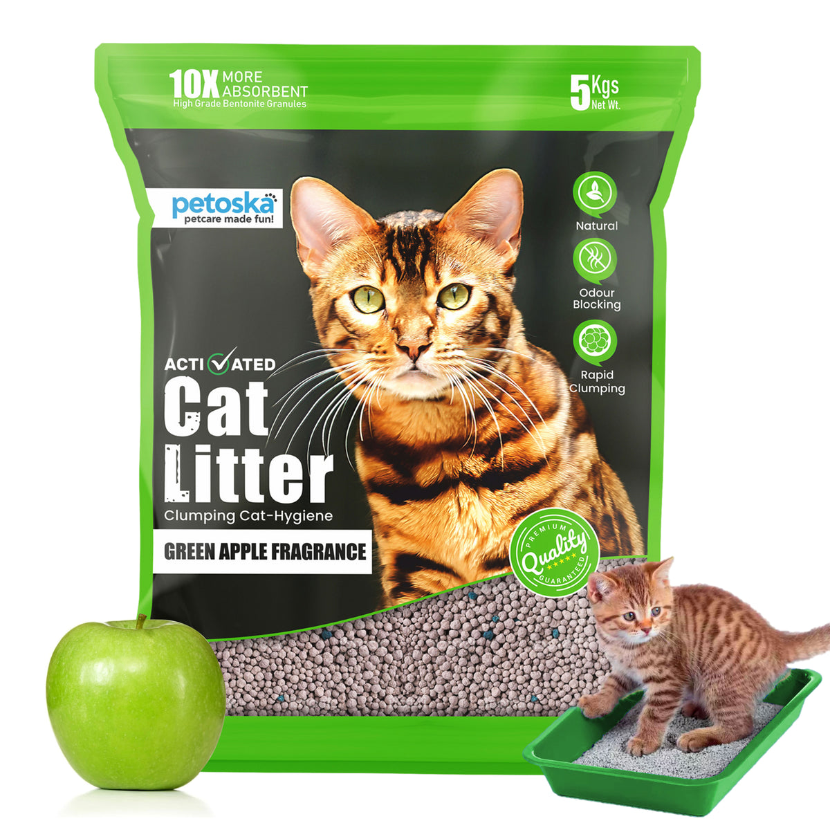 Petoska Activated Cat Litter Quick Clumping Low Dust & Odor Locking for Cats, Green Apple Fragrance- 5Kg