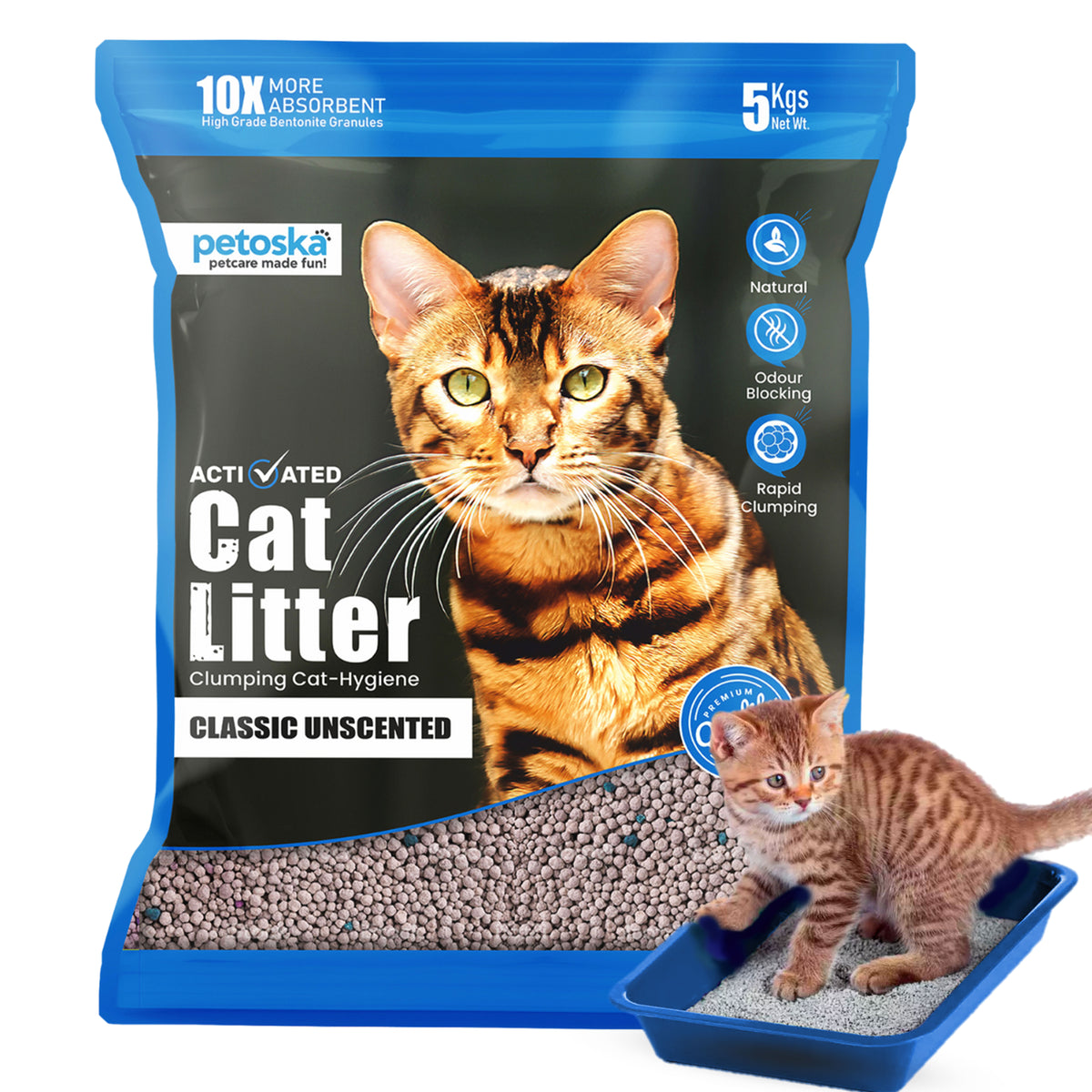 Petoska Activated Cat Litter Quick Clumping Low Dust & Odor Locking for Cats, Unscented - 5Kg