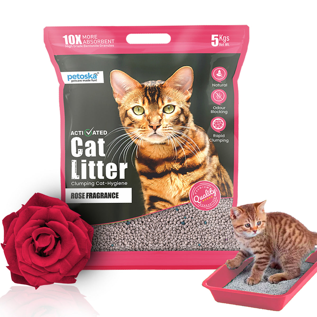 Petoska Activated Cat Litter Quick Clumping Low Dust & Odor Locking for Cats, Rose- 5Kg