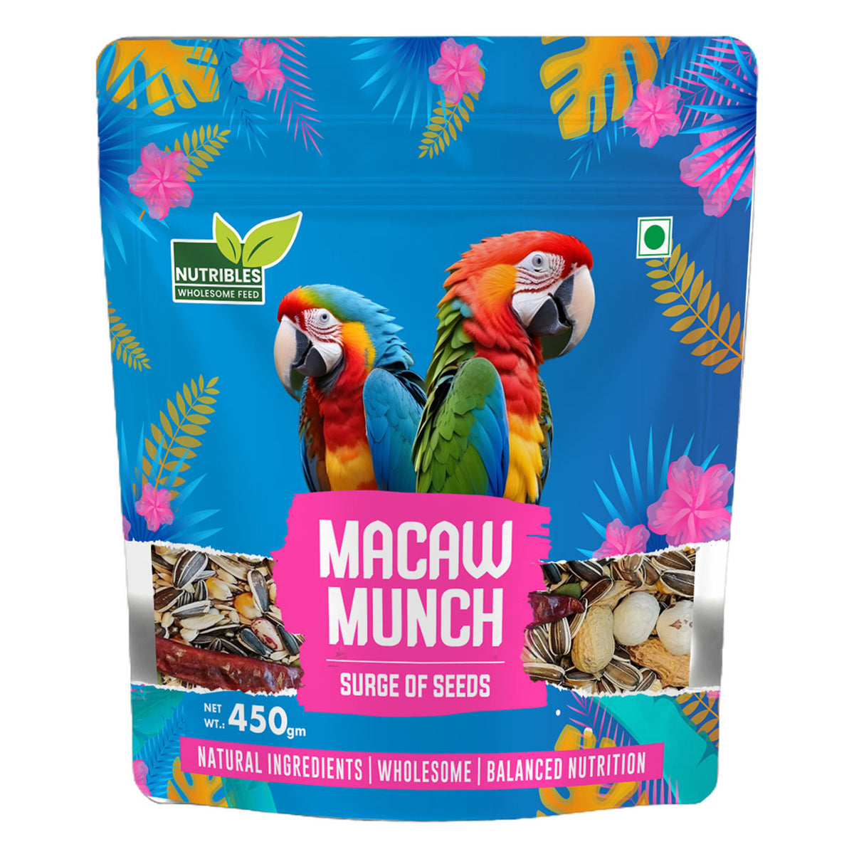 Nutribles Macaw Munch- 450GMS | With 14 Natural Seeds Mix | Surge Of Seeds For Macaw Parrot | Supports Mental & Physical Stimulation | Prevents Overgrowth | For Macaws and other Parrots