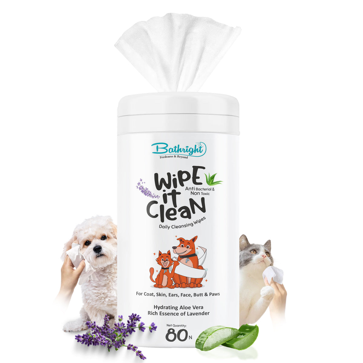 Bathright Pet Wipes | 80 N Cat & Dog Wipes | Aloe Vera & Fresh Lavender | pH Balance | Dry Bath, Ear & Paw | Wet Wipes for Cleaning & Deodorizing | Hygiene Cleaning Essentials, 15 x 20 CM